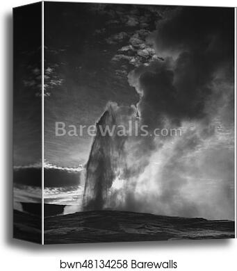 Taken at dusk or dawn from various angles during eruption. "Old Faithful Geyser, Yellowstone National Park," Wyoming. (vertical orientation).  Photographs of National Parks and Monuments, compiled 1941 - 1942, documenting the period ca. 1933 - 1942 by Ansel Adams (1902-1984), Canvas Print