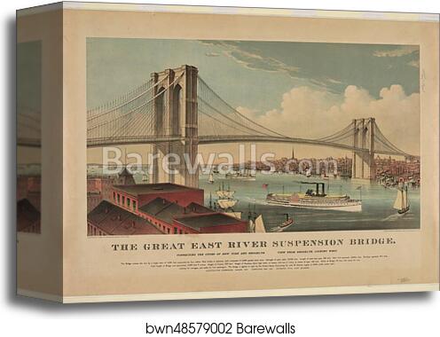 Brookyn Bridge: "The great East River suspension bridge: connecting the cities of New York and Brooklyn, looking west" by Currier & Ives, Canvas Print