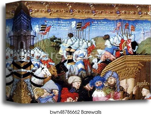 Les trÄ�s riches heures du Duc de Berry. January. A New Year's Day Feast including Jean de Berry. Detail by Limbourg Brothers, Canvas Print