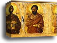 Maestà (front, central panel, detail of) The Mother of God Enthroned with the Christ Child, amidst Angels and Saints by Duccio Di Buoninsegna, Canvas Print