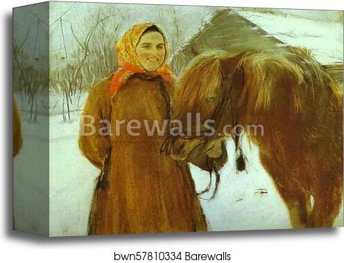 In a Village. Peasant Woman with a Horse by Valentin Serov, Canvas Print In a Village. Peasant Woman with a Horse by Valentin Serov, Canvas Print