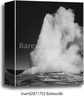 Taken at dusk or dawn from various angles during eruption. "Old Faithful Geyser, Yellowstone National Park," Wyoming. (vertical orientation).  Photographs of National Parks and Monuments, compiled 1941 - 1942, documenting the period ca. 1933 - 1942 by Ansel Adams (1902-1984), Canvas Print