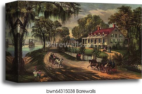 Chromolithograph of the Woodland Plantation in West Pointe à la Hache, Louisiana, United States, by Currier and Ives by Currier & Ives, Canvas Print