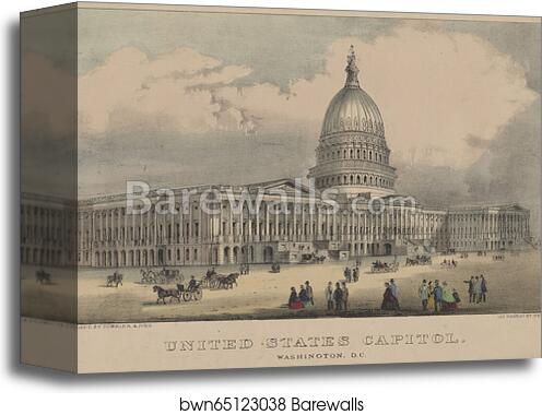 United States Capitol, Washington, D.C. Print shows the east front of the U.S. Capitol as seen from the south-east, with pedestrians and horsedrawn carriages on plaza in front by Currier & Ives, Canvas Print