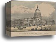 United States Capitol, Washington, D.C. Print shows the east front of the U.S. Capitol as seen from the south-east, with pedestrians and horsedrawn carriages on plaza in front by Currier & Ives, Canvas Print