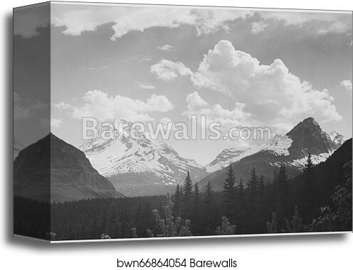 Looking across forest to mountains and clouds, "In Glacier National Park," Montana.  Photographs of National Parks and Monuments, compiled 1941 - 1942, documenting the period ca. 1933 - 1942 by Ansel Adams (1902-1984), Canvas Print