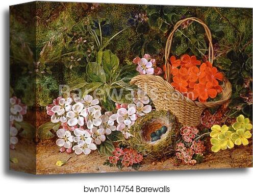 Basket of Primula Flowers and a Bird's Nest by George Clare, Canvas Print