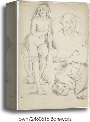 Studies of Three Figures, Including a Self-portrait by Paul Cézanne, Canvas Print