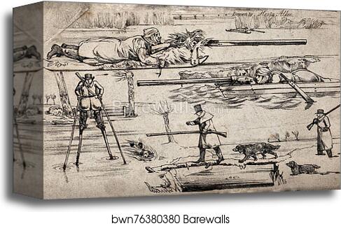 Four different ways of dealing with water during a hunt: a hunter lying on ice, a hunter hiding in a boat, a hunter on stilts and a hunter using a pole as a bridge.
by Henry Thomas Alken, Canvas Print Four different ways of dealing with water during a hunt: a hunter lying on ice, a hunter hiding in a boat, a hunter on stilts and a hunter using a pole as a bridge.
by Henry Thomas Alken, Canvas Print