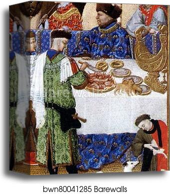 Les trÄ�s riches heures du Duc de Berry. January. A New Year's Day Feast including Jean de Berry. Detail by Limbourg Brothers, Canvas Print