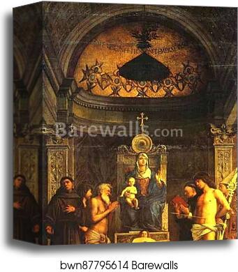 Madonna and Child, Three Musical Angels, and SS. Francis, John the Baptist, Job, Dominic, Sebastian, and Louis of Toulouse, known as the St. Job (Giobbe) Altarpiece by Giovanni Bellini, Canvas Print