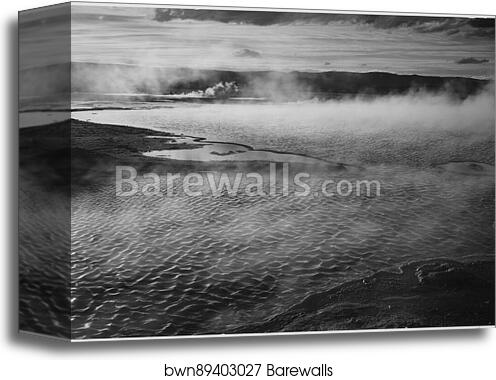 Surface of water presents a different texture in, "Fountain Geyser Pool, Yellowstone National Park," Wyoming.  Photographs of National Parks and Monuments, compiled 1941 - 1942, documenting the period ca. 1933 - 1942 by Ansel Adams (1902-1984), Canvas Print