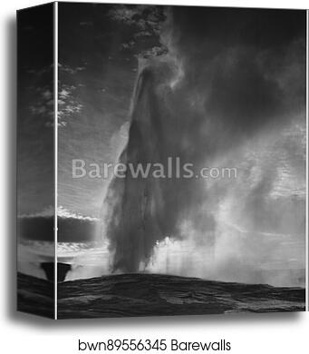 Taken at dusk or dawn from various angles during eruption. "Old Faithful Geyser, Yellowstone National Park," Wyoming. (vertical orientation).  Photographs of National Parks and Monuments, compiled 1941 - 1942, documenting the period ca. 1933 - 1942 by Ansel Adams (1902-1984), Canvas Print