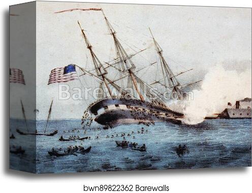 The sinking of the "Cumberland" by the iron clad "Merrimac", off Newport News Va. March 8th 1862 by Currier & Ives, Canvas Print
