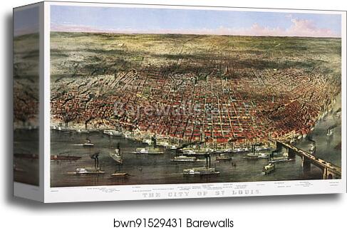 Color lithograph of the City of St. Louis. Bird's-eye view of St. Louis, Missouri, as seen from above the Mississippi River; prominent features identified below the image by Currier & Ives, Canvas Print Color lithograph of the City of St. Louis. Bird's-eye view of St. Louis, Missouri, as seen from above the Mississippi River; prominent features identified below the image by Currier & Ives, Canvas Print