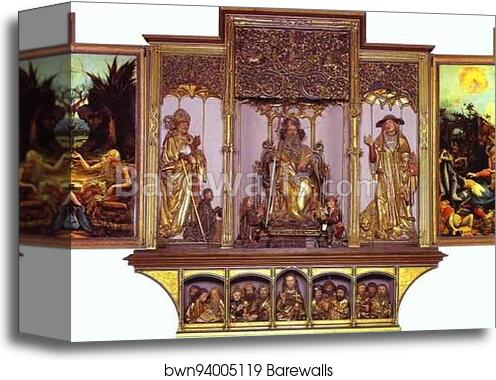 The second view of the altar. St Anthony Visiting St Paul the Hermit in the Desert (left), The Temptation of St. Anthony (right). Central part are carved figures of St. August, St. Anthony, St. Jerome; bottom part Jesus with 12 Apostles. Sculptures by Nic by Matthias Grünewald, Canvas Print