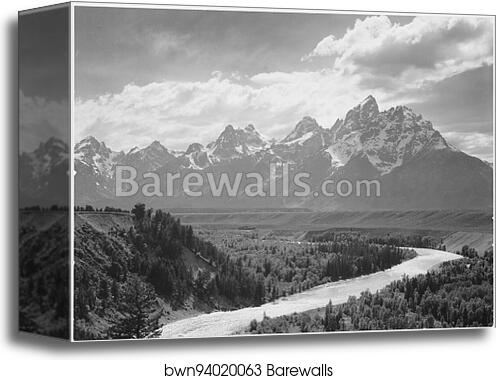 View from river valley towards snow covered mountains, river in foreground from left to right, "Grand Teton" National Park, Wyoming.  Photographs of National Parks and Monuments, compiled 1941 - 1942, documenting the period ca. 1933 - 1942 by Ansel Adams (1902-1984), Canvas Print View from river valley towards snow covered mountains, river in foreground from left to right, "Grand Teton" National Park, Wyoming.  Photographs of National Parks and Monuments, compiled 1941 - 1942, documenting the period ca. 1933 - 1942 by Ansel Adams (1902-1984), Canvas Print