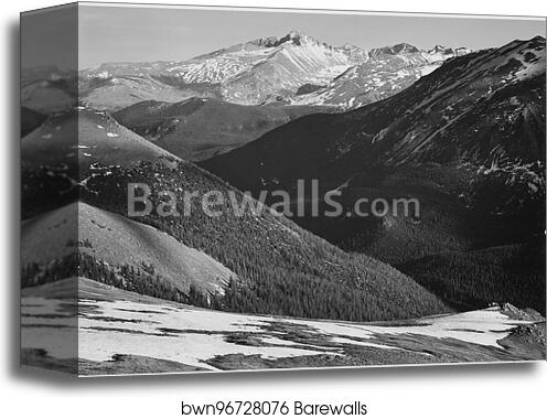 Close in view, dark shadowed hills in foreground, mountains in background, "Long's Peak, Rocky Mountain National Park," Colorado.  Photographs of National Parks and Monuments, compiled 1941 - 1942, documenting the period ca. 1933 - 1942 by Ansel Adams (1902-1984), Canvas Print